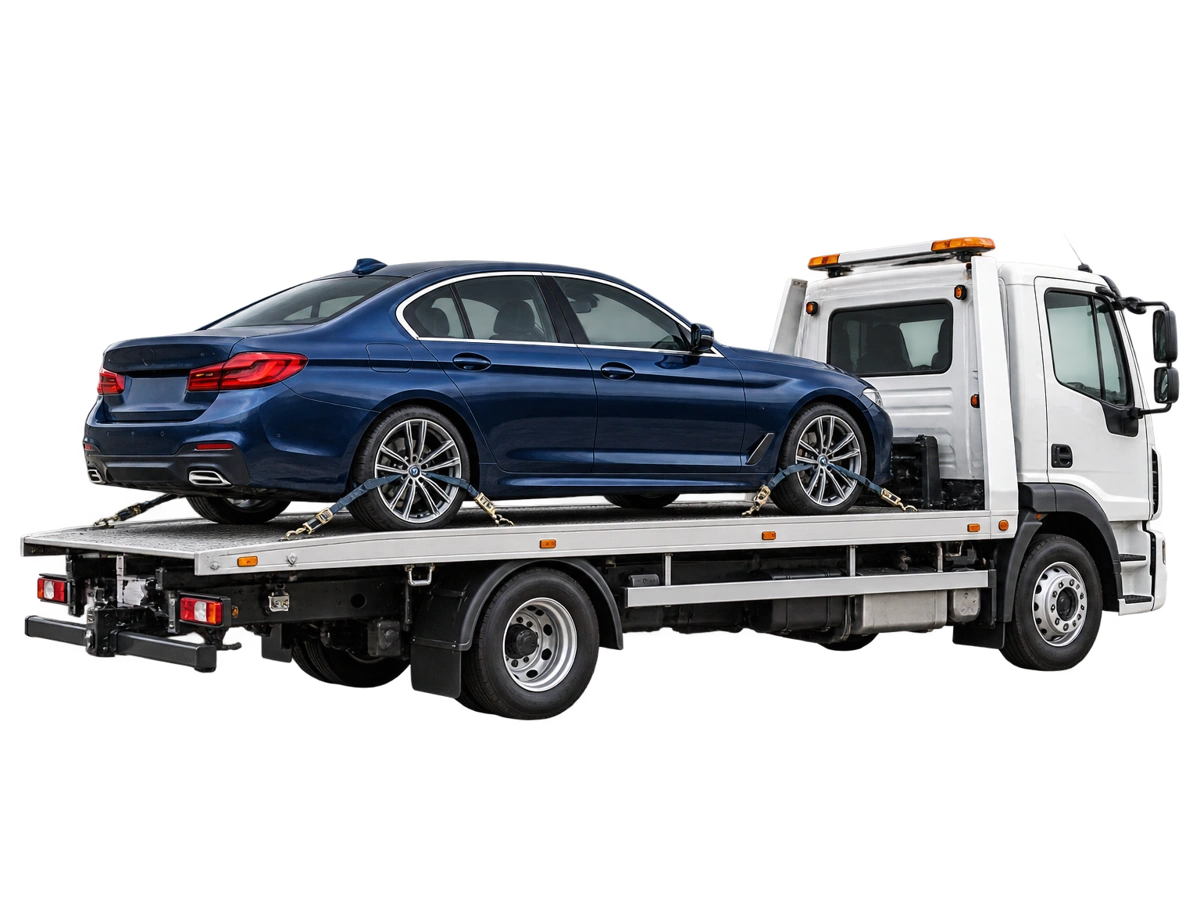 Illustrative photographic scene of a car secured on a transporter